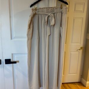 Beige Wide-Leg Pants with Tie Waist